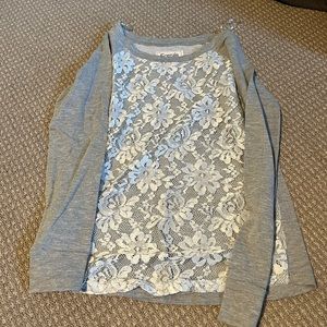 Gray and White Lace Long Sleeve Top